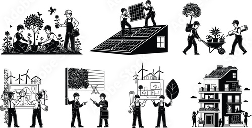 Architects and engineers silhouette set discussing blueprints, planning new projects, and assembling miniature building models, black and white vector illustration for design and real estate concepts.