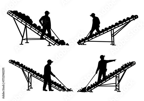 Four silhouettes showing workers using conveyor belts to move materials, with one worker pointing.