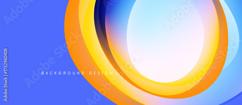 Abstract layers create dynamic circular forms. Vivid blue backdrop contrasts warm orange, cool turquoise hues. Modern design element.