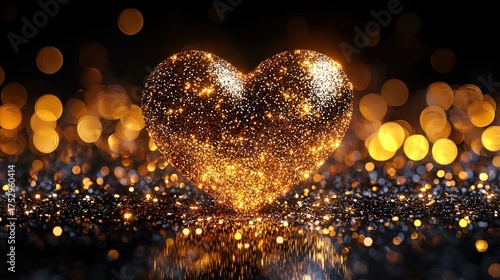 Golden Glittering Heart Shape with Bokeh Lights on Dark Background.