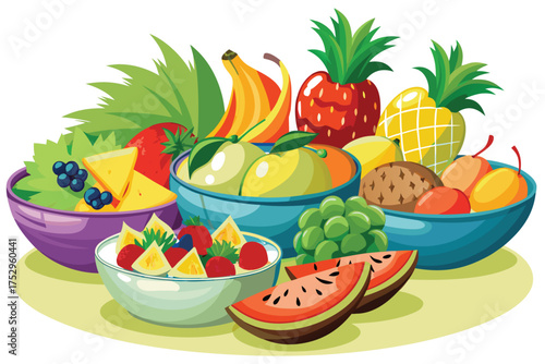 Bowls filled with various fresh fruits like bananas, pineapples, watermelon slices, and grapes create vibrant food scene