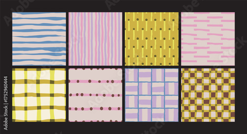 Vector set of seamless patterns. Modern backgrounds and textures for packaging, textile, wrapping paper. Multicolored checkered lines and confetti, polka dots, checkerboard, striped pattern.