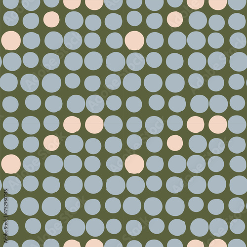 Vector polka dots, confetti seamless pattern design. Green, beige and blue splash dots background.