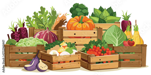 Assorted fresh produce spills from wooden crates, a vibrant bounty for culinary delights