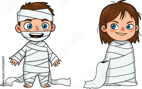 Children dressed as mummies, Halloween costume, playful activity, childhood imagination, fun dress up, happy kids, creativity, festive illustration, spooky play
