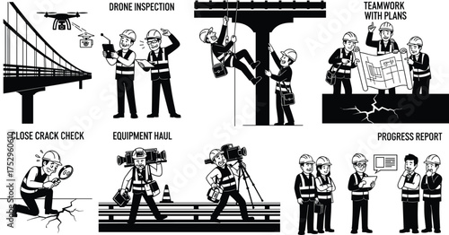 Eco-friendly and sustainable building workers silhouette set planting trees, installing solar panels, and planning green energy houses, vector illustration for environmental design .