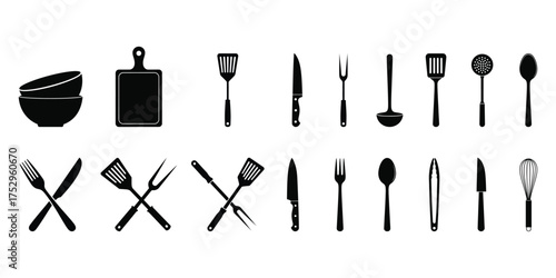 Kitchen Utensil Icon Set – Cooking Tools Silhouette Vector