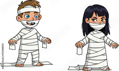 Children dressed as mummies, Halloween costume, playful activity, childhood imagination, spooky fun, happy kids, creativity, festive illustration, dress up, adventure