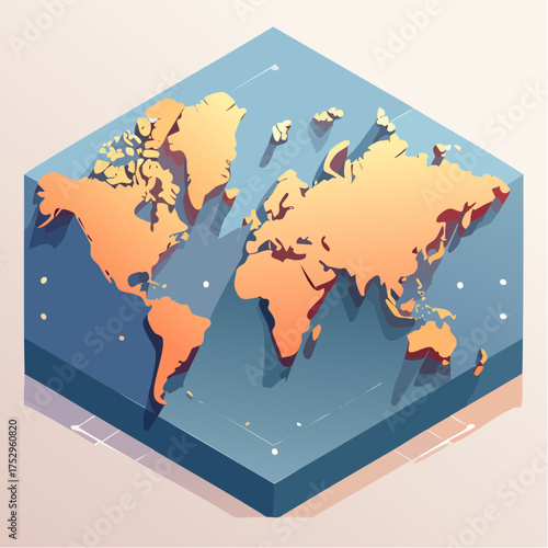 Modern Isometric World Map Illustration with Digital Grid and Gradient Colors, Symbolizing Global Connectivity and Geographic Information