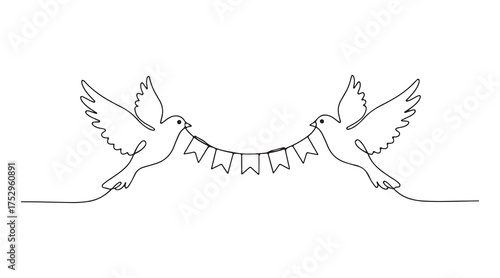 line drawing of flying birds holding bunting garland