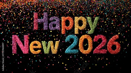 Vibrant celebration scene with glowing rainbow typography “Happy New Year 2026” and falling confetti