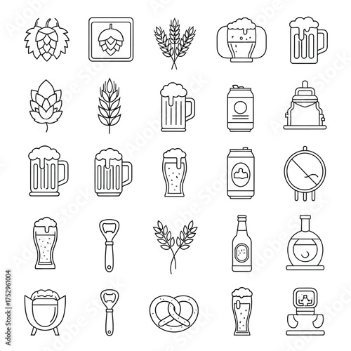 Collection of line art icons representing beer and brewing elements