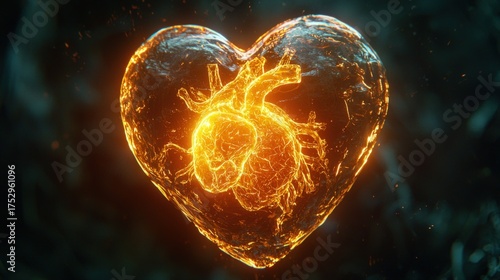 Glowing Human Heart Inside a Crystal Heart Shape.