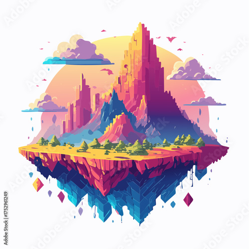Surreal magical floating island with a pixelated mountain city and colorful landscape set against a luminous sun and whimsical clouds