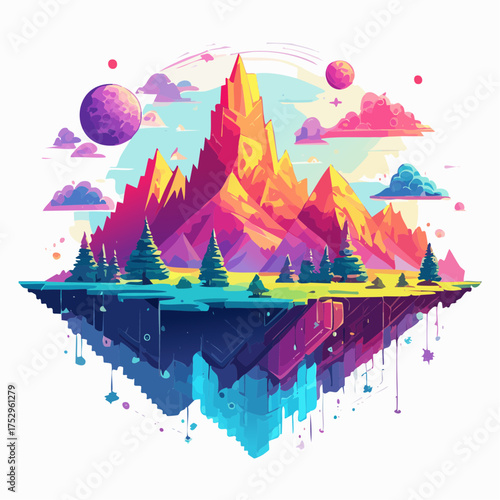 Fantastical floating island with a vibrant, geometric mountain peak above a surreal, crystalline underside