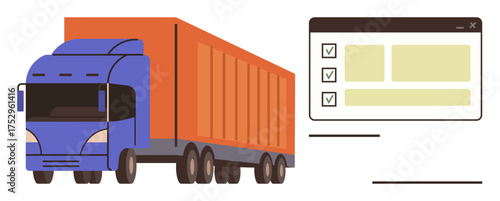 Truck beside a checklist interface conveying transport planning and inventory tracking. Ideal for logistics, delivery, supply chain, inventory, management, automation, workflow. Clean flat metaphor
