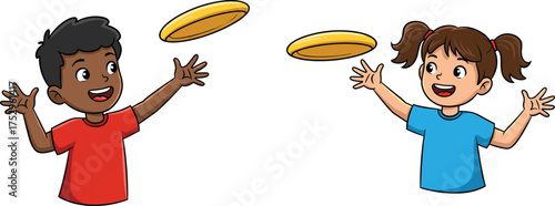 Children playing frisbee, kids throwing flying disc, outdoor fun activity, playful childhood game, sports recreation, happy friends, summer playtime, active lifestyle