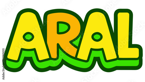 Aral logo with a playful and cartoonish design, featuring bold, rounded letters in vibrant yellow and orange, outlined with a thick green border