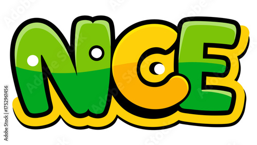 A vibrant and playful illustration of the word nice in a cheerful, cartoon style, the letters are bold and colorful, perfect for conveying positivity