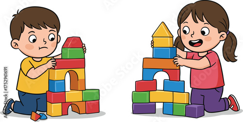 Children playing with colorful building blocks, boy and girl constructing towers, kids activity, creative learning, teamwork, early childhood development