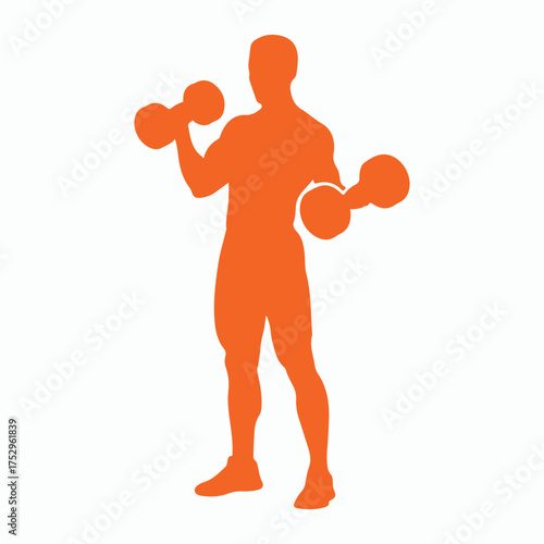 Orange silhouette of a muscular man lifting dumbbells for bicep curls fitness exercise