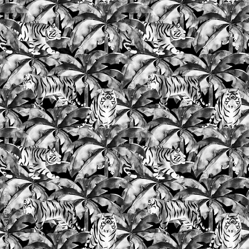 Watercolor seamless pattern. Tropical jungle leaves and tiger. Hand drawn illustration