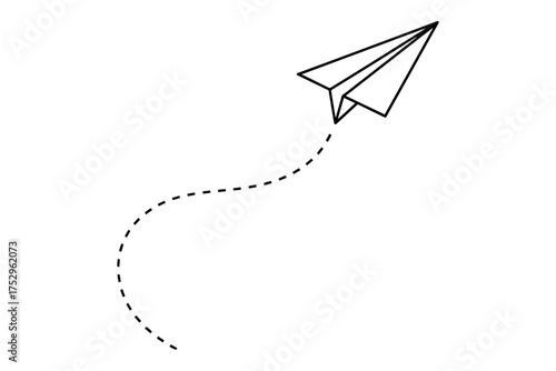 vector illustration of a plane,
Paper Airplane Illustration with Dotted Flight Path,
Clean Black Line Art on White