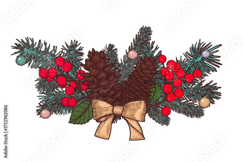 Hand drawn Christmas decoration with bow, fir branches, red berries, cones. Vector illustration