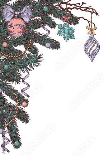 Hand drawn Christmas rectangular frame with fir branches, christmas decorations. Vector illustration.