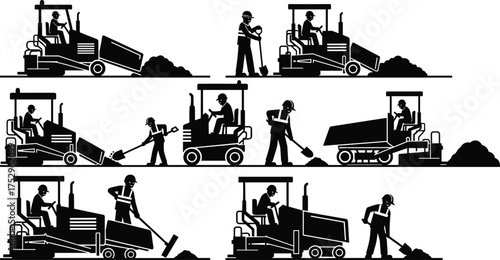 Industrial metalworking workers silhouette set welding metal structures, grinding surfaces, and fabricating components, black vector illustration for heavy fabrication, engineering.