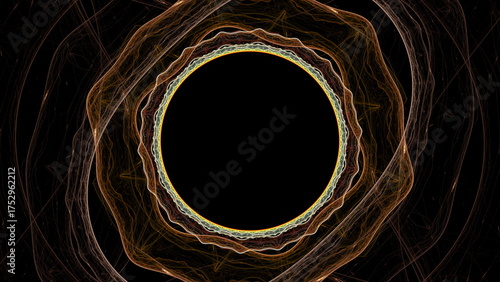 Concentric circles create a vibrant and intricate abstract design, showcasing flowing patterns and glowing touches against a black backdrop, highlighting movement and energy. 3d render