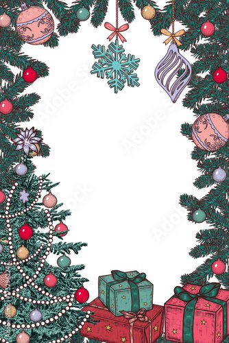 Hand drawn Christmas rectangular frame with fir branches, spruce, gift box and christmas decorations. Vector illustration.