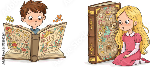 Children reading magical books, fantasy imagination, storytelling, discovery, childhood wonder, playful illustration, happy kids, creativity, adventure, enchanted stories, learning