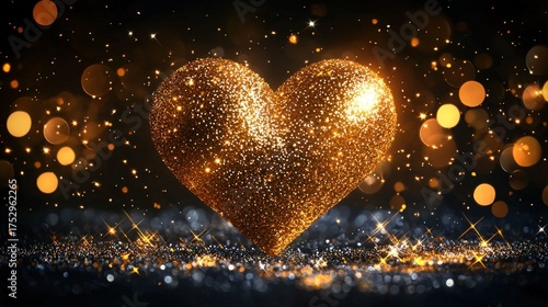 Golden Heart Sparkles Against Dark Background with Bokeh Lights.