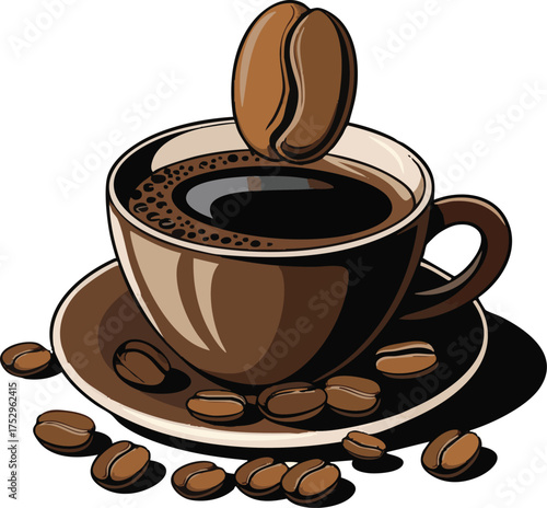 A steaming cup of coffee with floating bean and scattered grounds