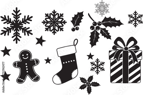 Christmas holiday icons snowflake gift silhouette vector. eps