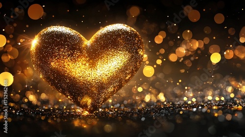 Golden Glittering Heart with Bokeh Lights on Dark Background.