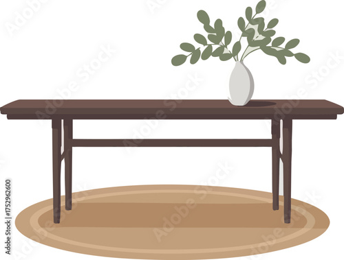 Simple wooden console table with a vase and some green foliage