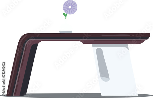 A minimalist illustration of a dark wood console table with a purple flower
