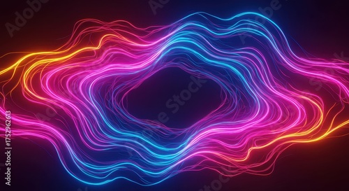 Neon light trails weave through darkness in a vibrant display.