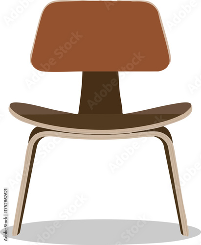 A simple modern chair with a wooden seat and brown upholstery