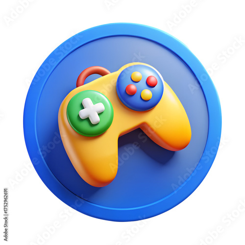 Glossy 3D gaming controller with green and blue buttons on yellow gamepad and circular blue platform isolated on transparent background