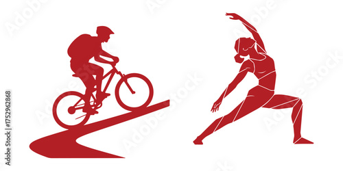 Silhouette of Cyclist and Woman Doing Yoga on White Background Keywords: cyclist, bicycle, yoga, woman, exercise, sport, fitness