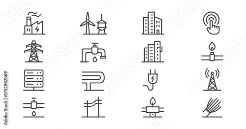 Smart City and Energy Infrastructure Icons – Industry, Power, Water, and Communication Line Set