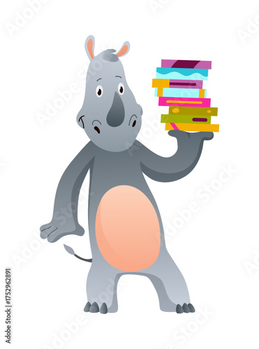 Animal reading book and studying, cute baby rhinoceros. Kid character reading book. Cartoon symbol for school education and library. Vector illustration for children