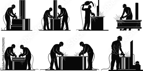Drilling and earth boring workers silhouette set operating large auger machines and digging deep foundation holes, vector illustration for geotechnical, piling, and subsurface construction projects.