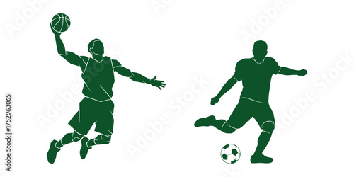 Silhouette of basketball player dunking and soccer player kicking ball sport athlete