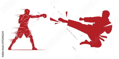 Silhouettes of a boxer punching and a karate fighter kicking boxing martial arts