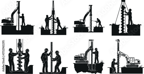 Petrochemical and industrial workers silhouette set climbing scaffolding, repairing towers, and working with gears, black vector illustration for refinery, maintenance.
