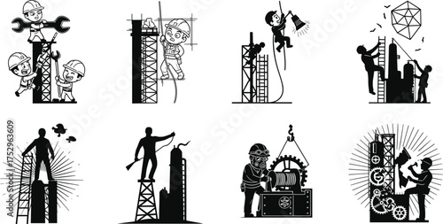 Civil engineering workers silhouette set installing storm drain manholes and large pipes with a crane and hand tools, black vector illustration for plumbing, sewage.